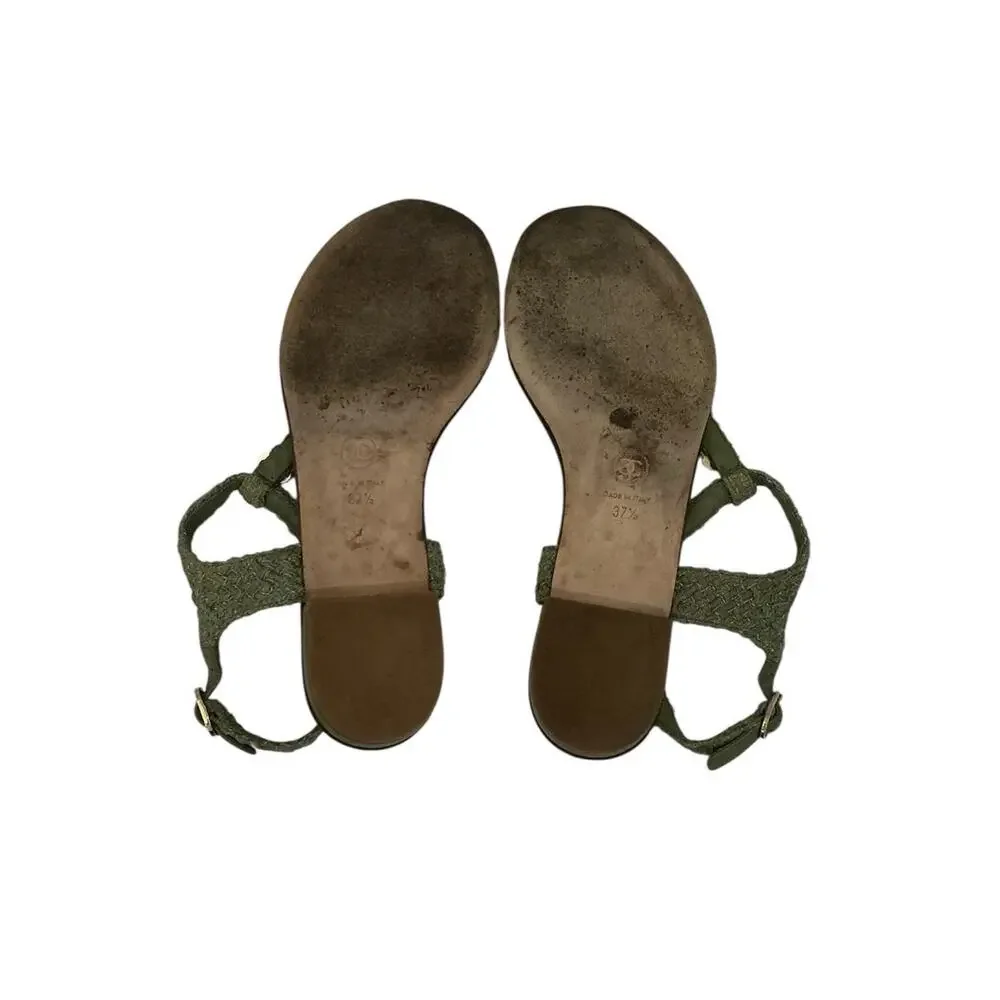 Chanel 17C Tweed Cruise Charm Thong Sandals Khaki EU 37.5 US‎ 7.5